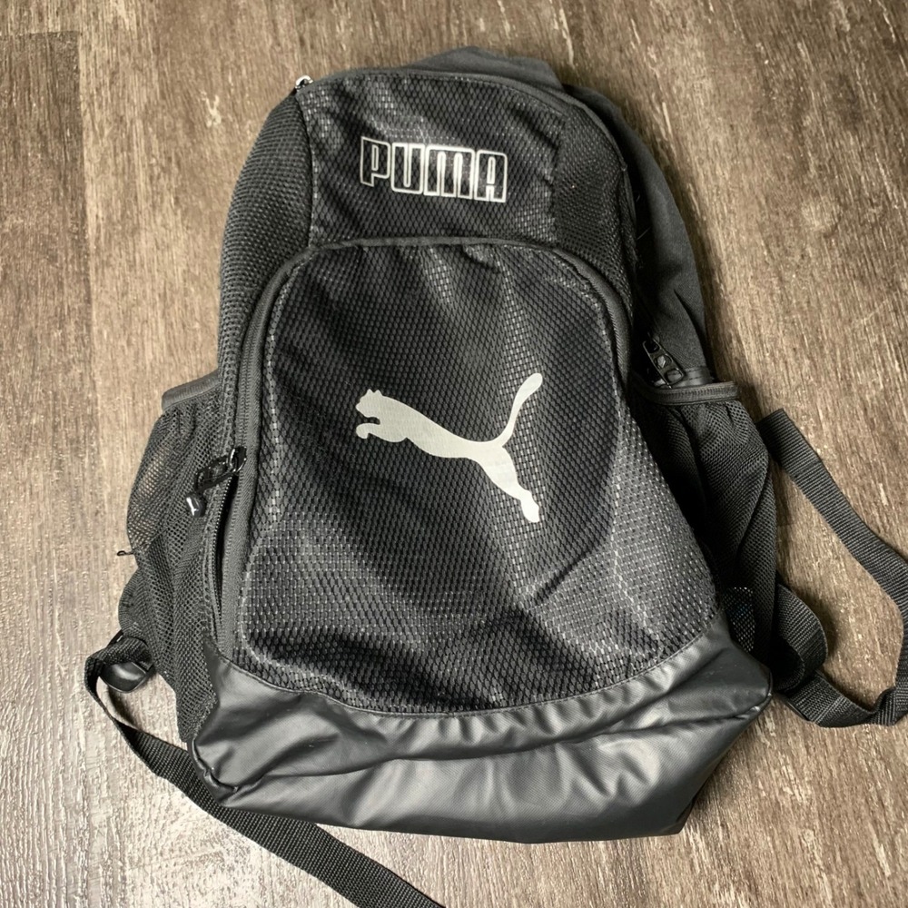 Puma Black Athletic Backpack Bag School Gym Travel Mesh Logo Cat